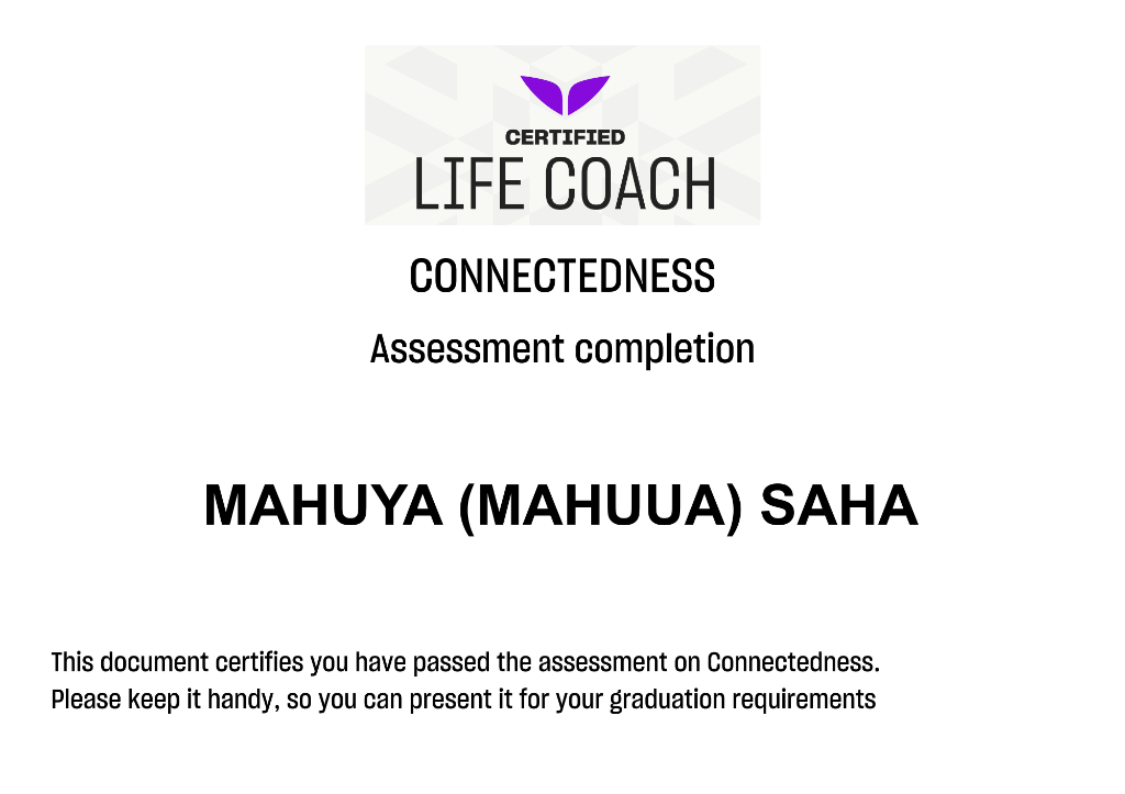 Connectedness Assessment Completion Certificate