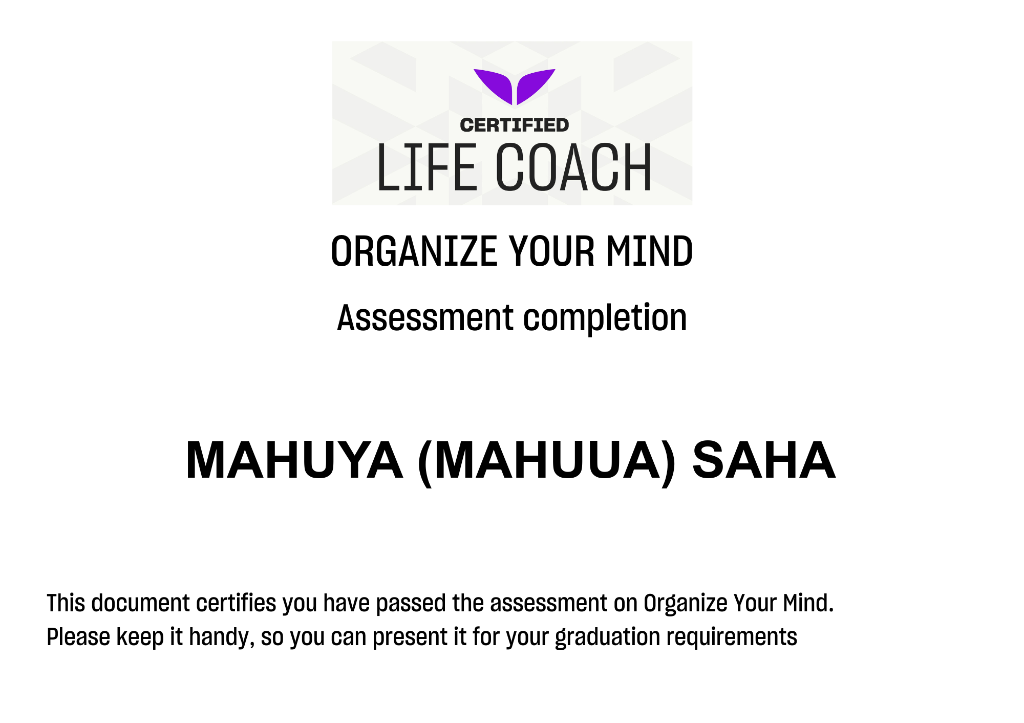 Organize Your Mind Assessment Completion Certificate